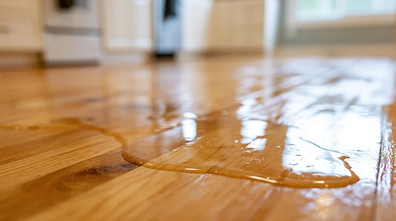 Water spilled across a warm honey-toned hardwood kitchen floor
