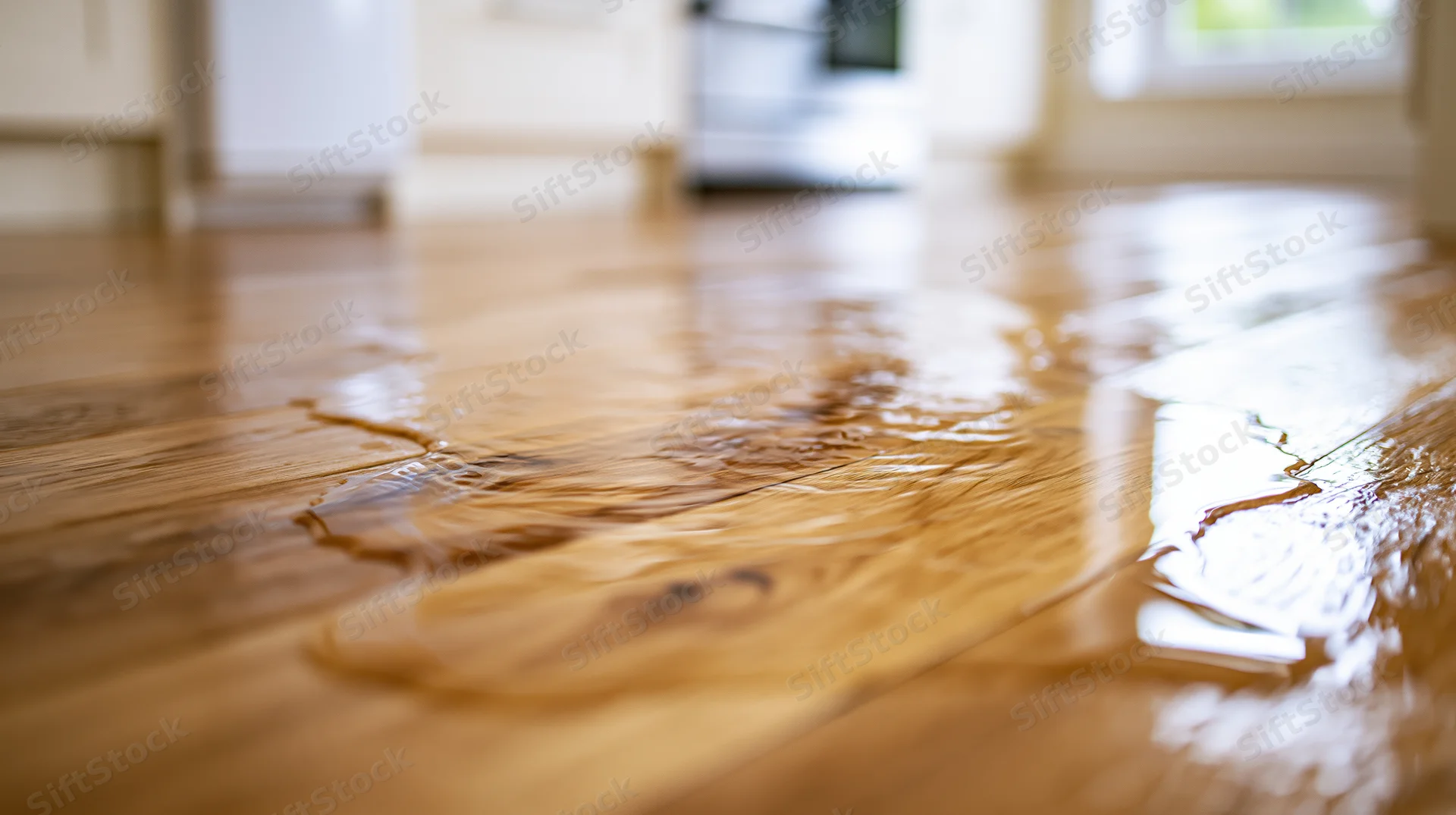 Water spilled across a hardwood kitchen floor reflecting light and showing wood grain