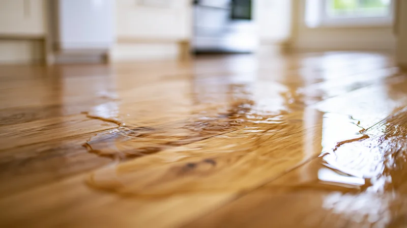 Water spilled across a hardwood kitchen floor reflecting light and showing wood grain