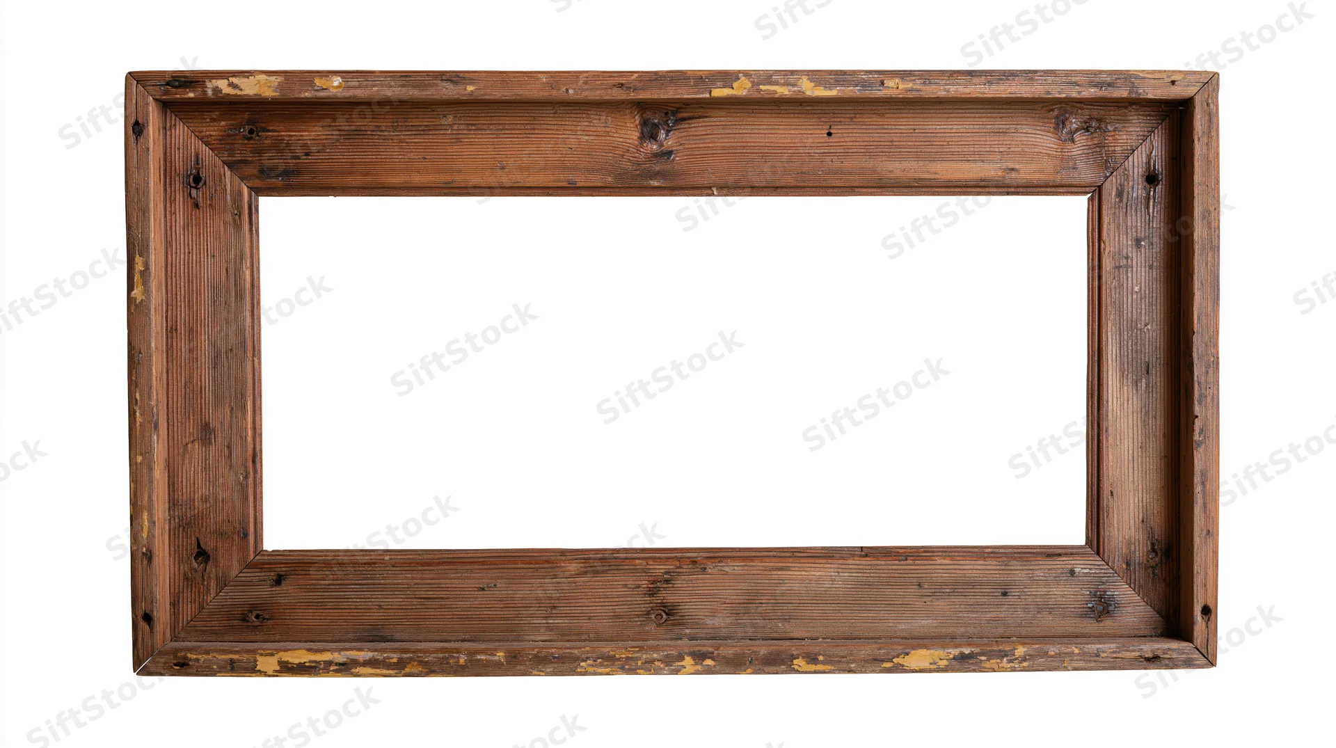 Weathered rectangular wooden picture frame isolated against white background