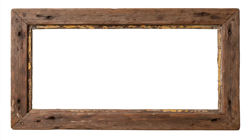 Weathered wooden picture frame with visible grain and nails isolated on white background
