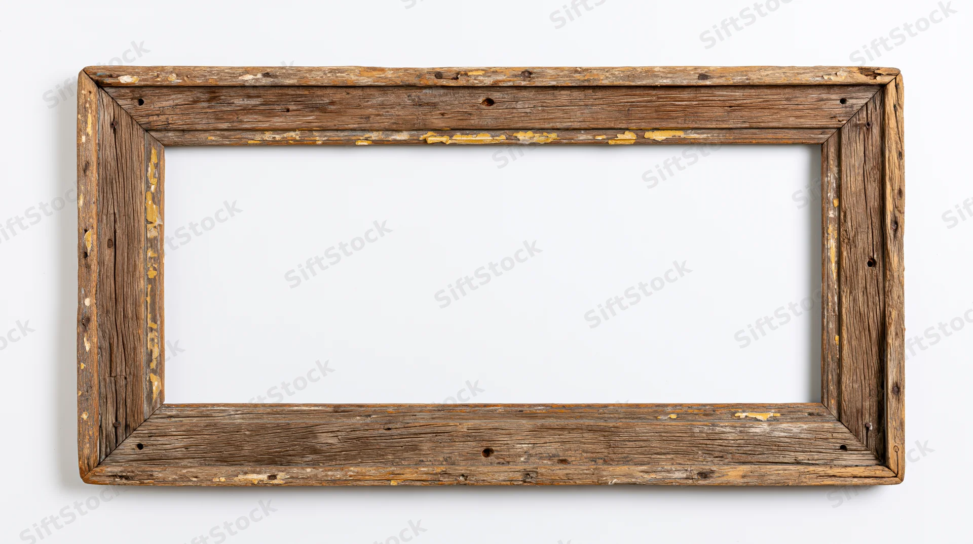 Weathered rectangular wooden picture frame isolated against a white background