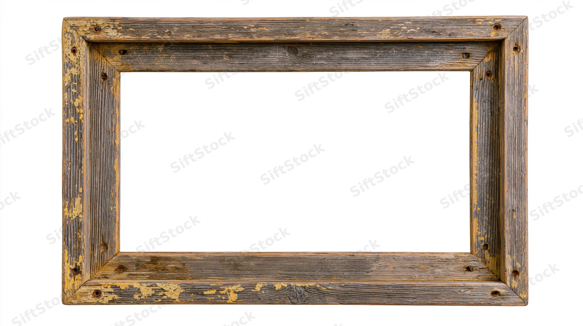 Weathered rectangular wooden frame with chipped paint and nail joints isolated on white background