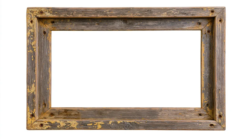 Weathered rectangular wooden frame with chipped paint and nail joints isolated on white background