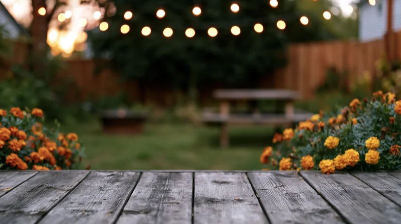 Weathered wooden deck surface in a garden at twilight flanked by orange marigolds with string lights above
