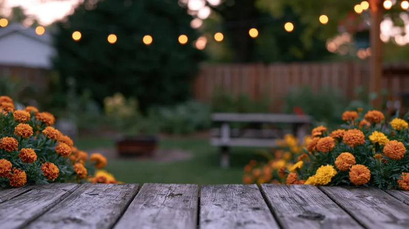 Weathered wooden deck flanked by orange and yellow marigolds in a garden at twilight