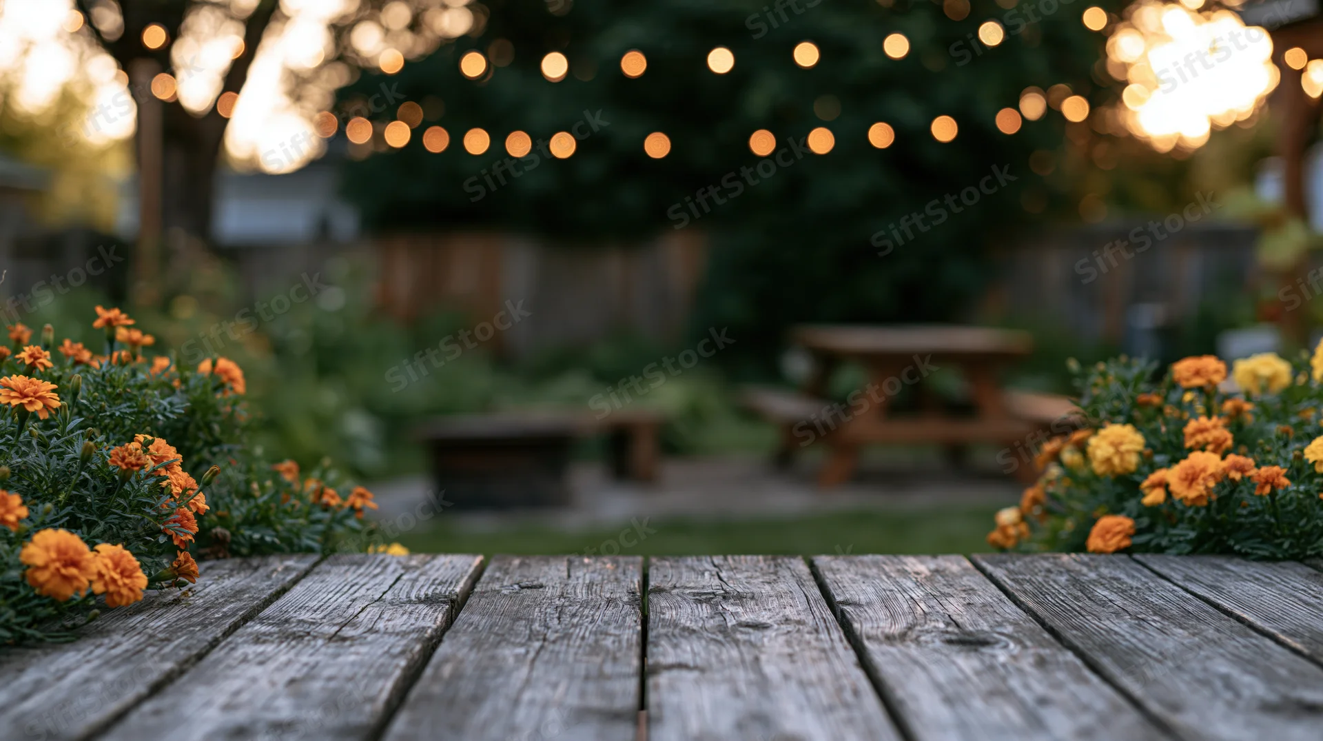 Weathered wooden deck surface in a garden with marigolds and string lights at dusk