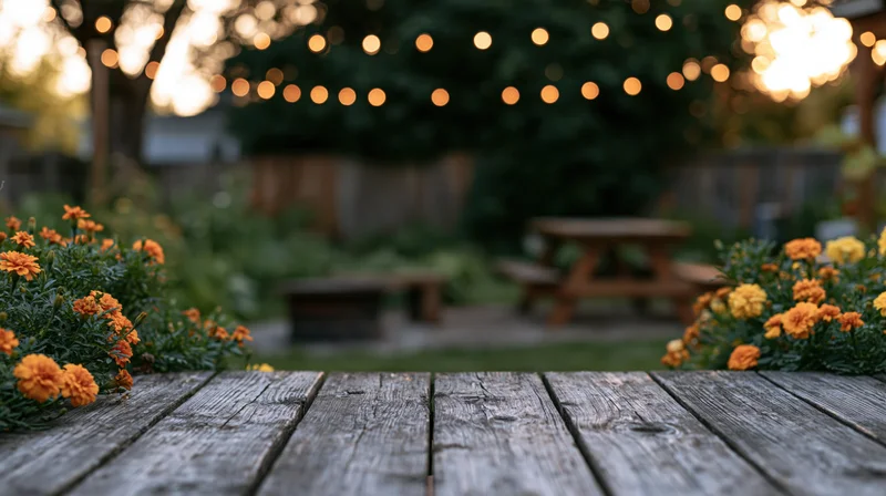 Weathered wooden deck surface in a garden with marigolds and string lights at dusk
