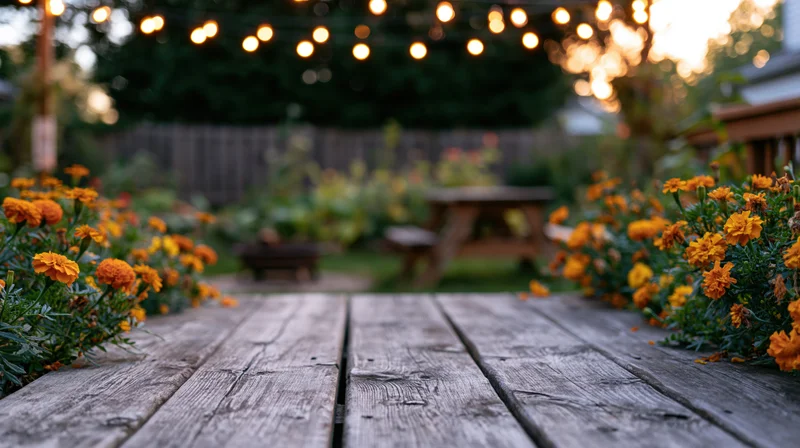 Weathered wooden deck flanked by orange marigolds with string lights above in a backyard garden at dusk