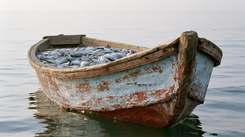 Weathered wooden fishing boat filled with fresh fish floating on calm sea water
