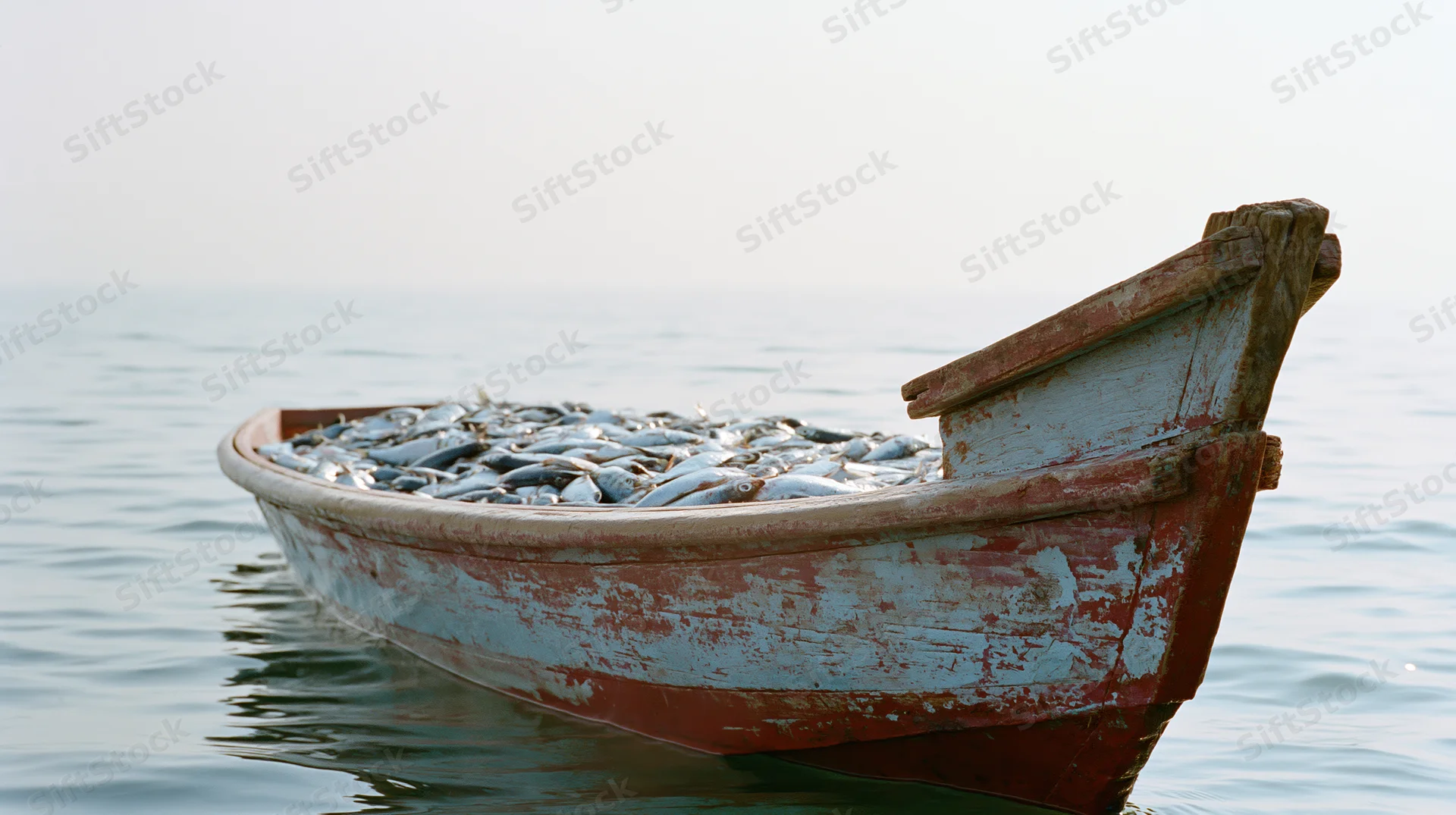 Weathered wooden fishing boat filled with fresh fish floating on calm sea