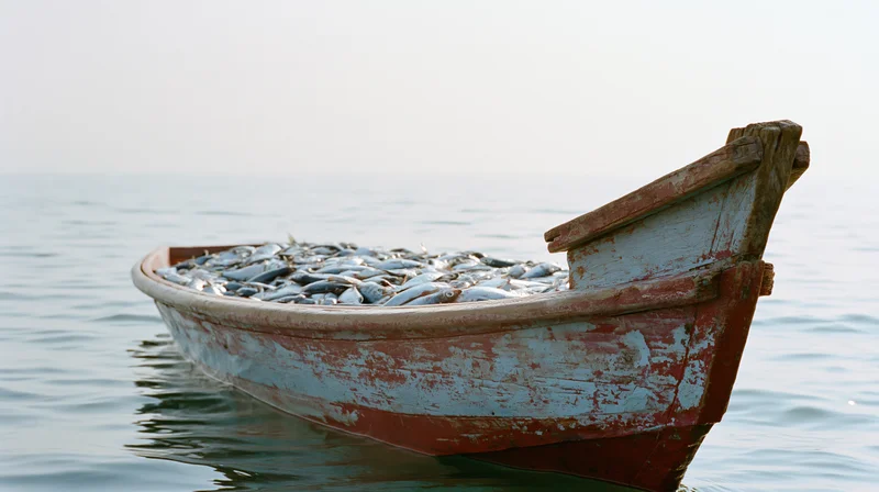 Weathered wooden fishing boat filled with fresh fish floating on calm sea