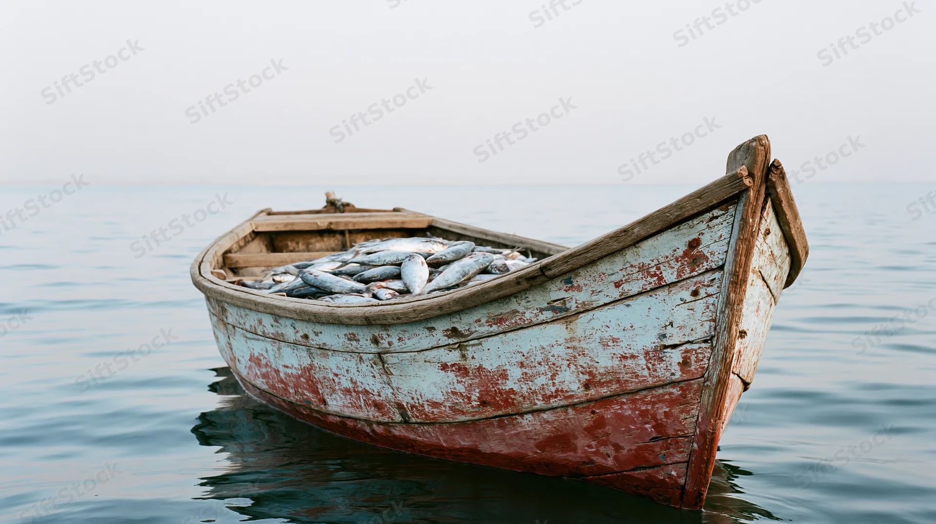 Weathered wooden fishing boat filled with fresh fish floating on calm sea