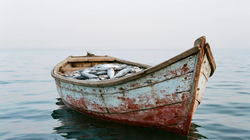 Weathered wooden fishing boat filled with fresh fish floating on calm sea