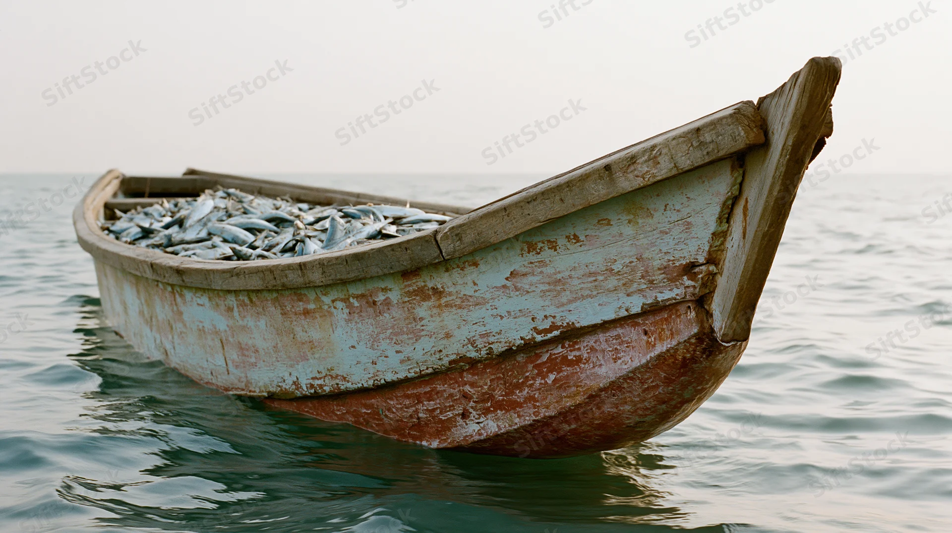 Weathered wooden fishing boat filled with fresh fish floating on calm sea