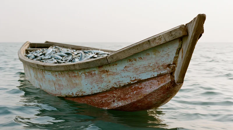 Weathered wooden fishing boat filled with fresh fish floating on calm sea