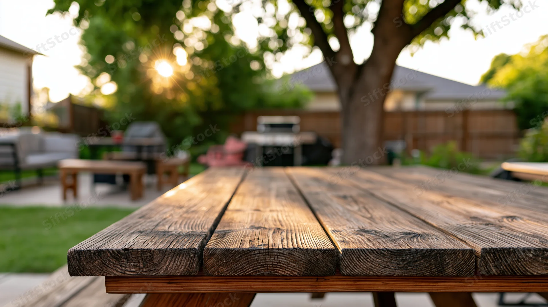 Weathered wooden picnic table surface in sharp focus with blurred backyard garden in background during golden hour