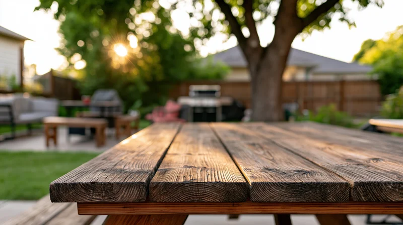 Weathered wooden picnic table surface in sharp focus with blurred backyard garden in background during golden hour