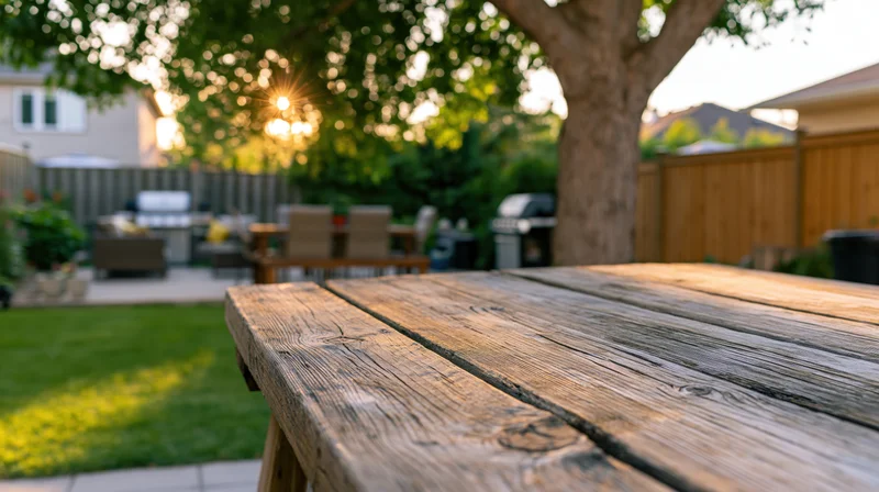 Weathered wooden picnic table in sharp focus with blurred backyard and golden sunlight in the background