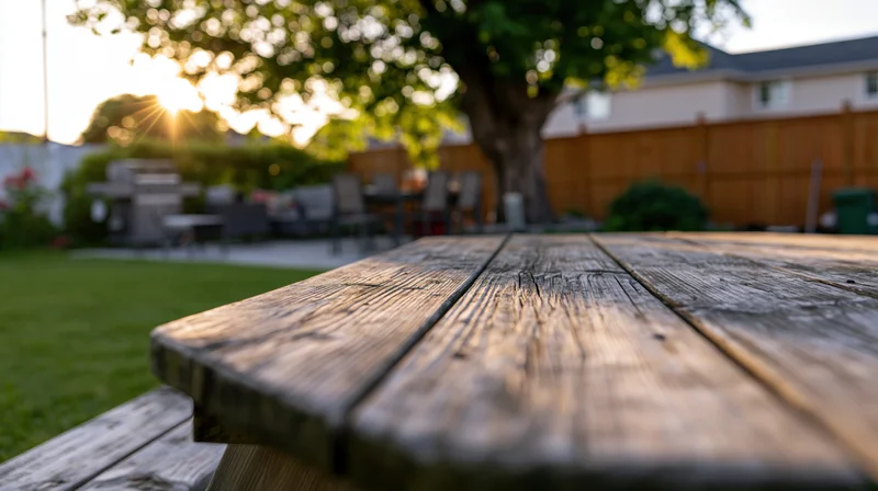 Weathered wooden picnic table surface in backyard at sunset