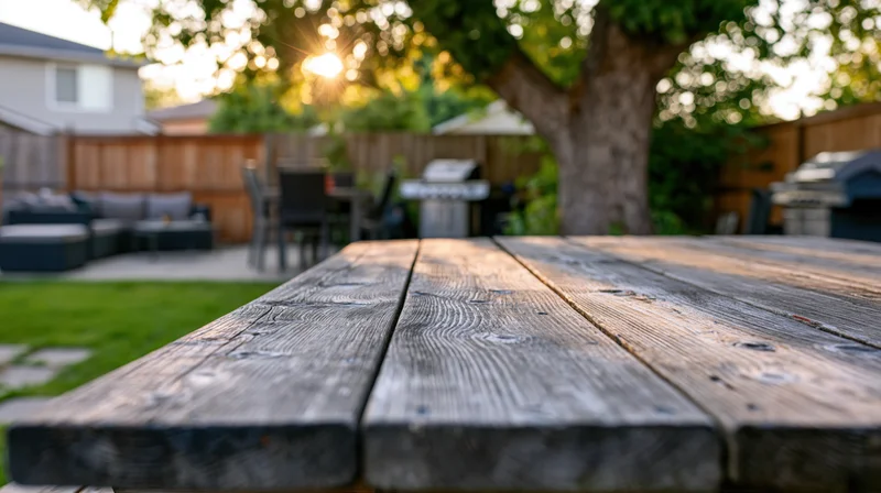 Weathered wooden picnic table surface in sharp focus with backyard furniture and trees in soft focus at sunset