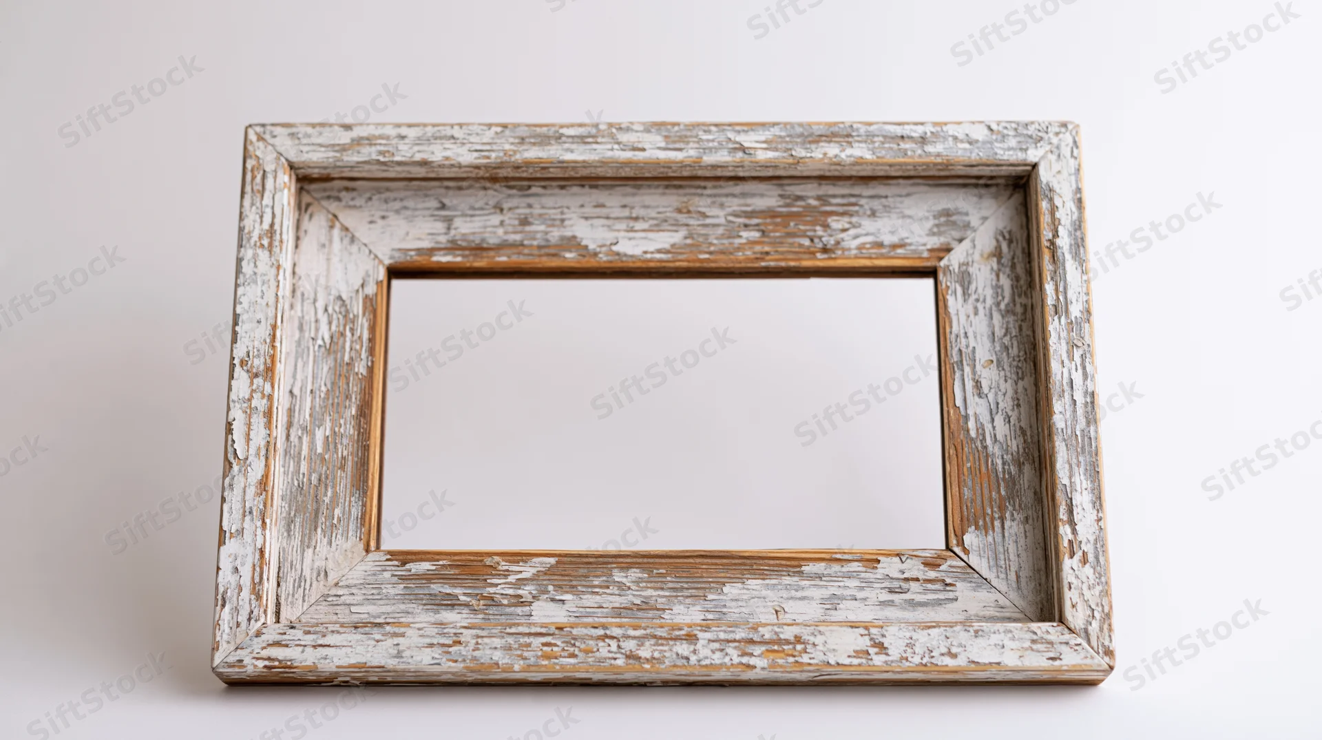 Weathered wooden picture frame lying flat on white surface