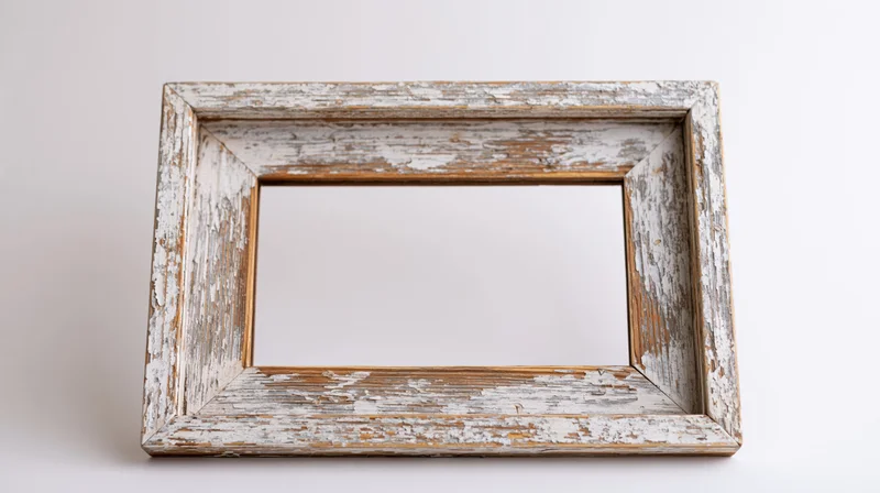 Weathered wooden picture frame lying flat on white surface