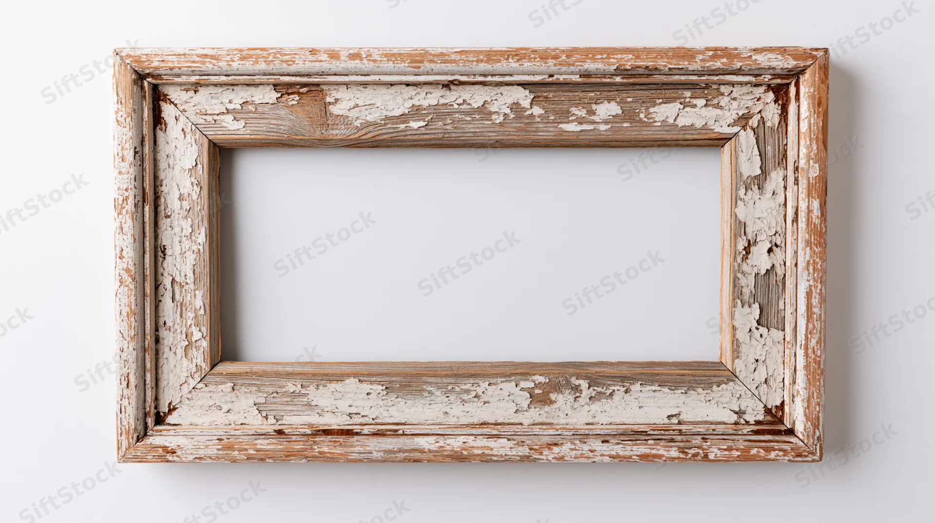 Weathered wooden picture frame with peeling white paint lying flat on white surface