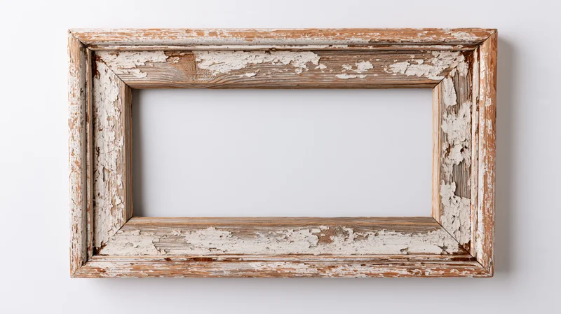 Weathered wooden picture frame with peeling white paint lying flat on white surface