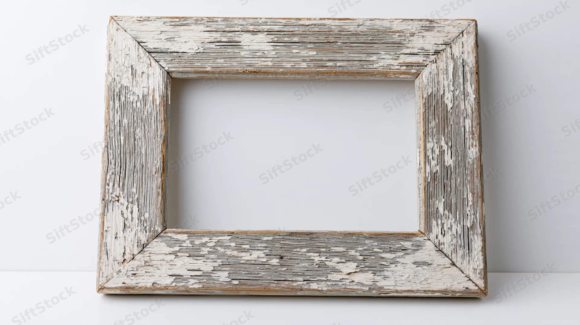 Weathered wooden picture frame lying flat on a white surface