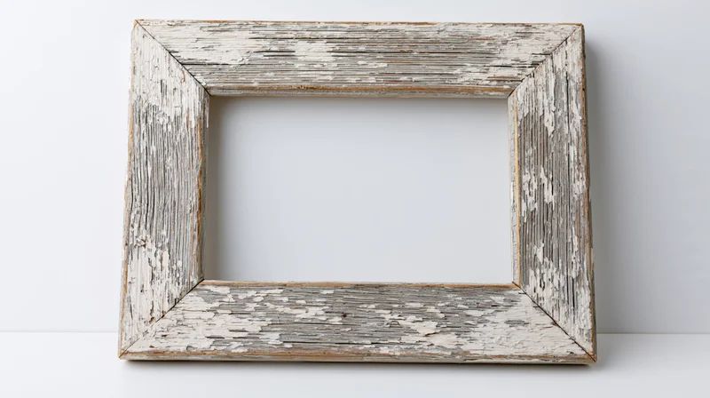 Weathered wooden picture frame lying flat on a white surface