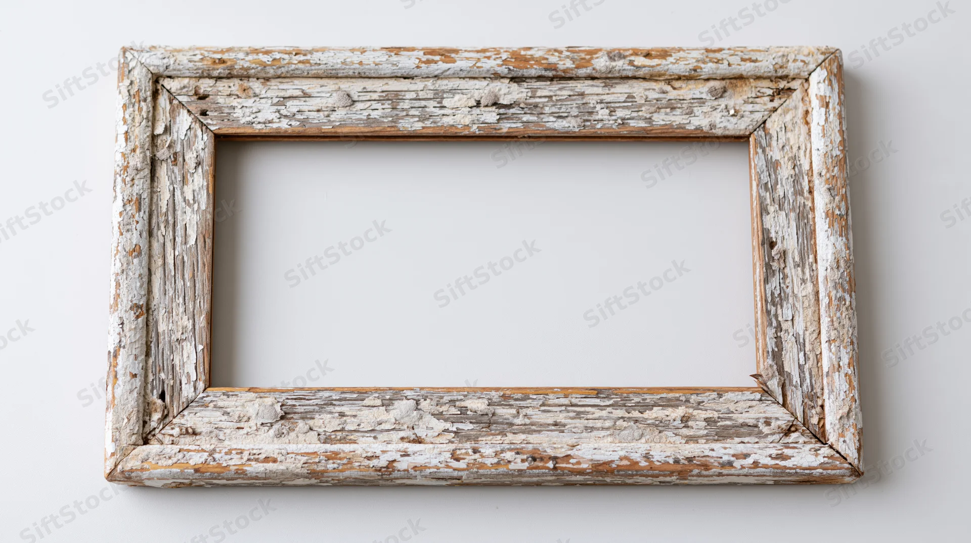 Weathered wooden picture frame with peeling white paint lying flat on white surface