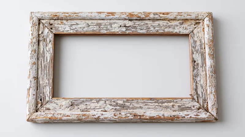 Weathered wooden picture frame with peeling white paint lying flat on white surface