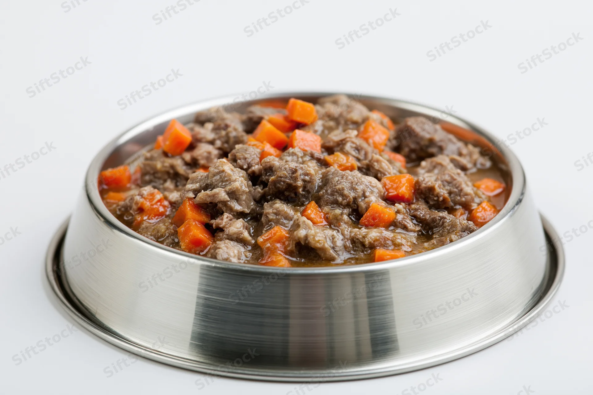 Wet pet food with chunks of meat and diced carrots in gravy served in a stainless steel bowl on white background