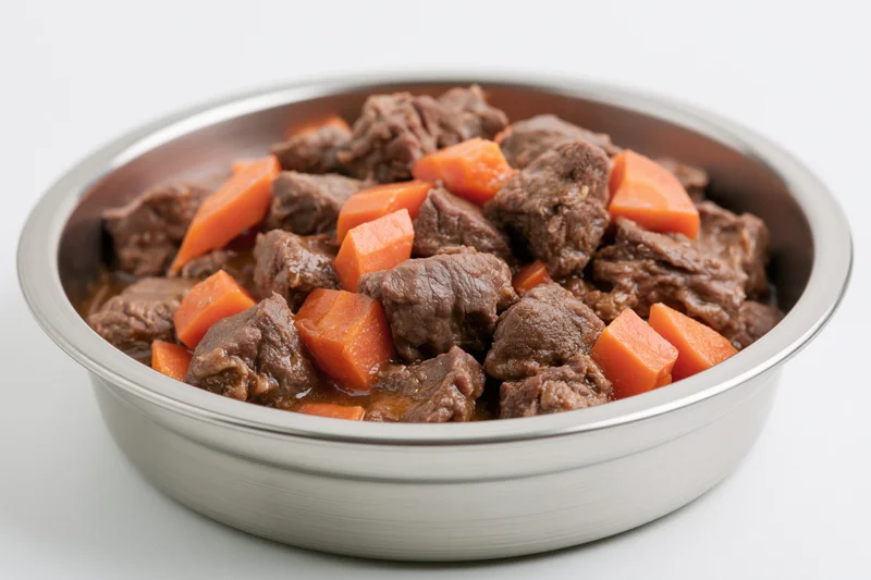 Wet pet food with chunks of meat and diced carrots in gravy served in a stainless steel bowl