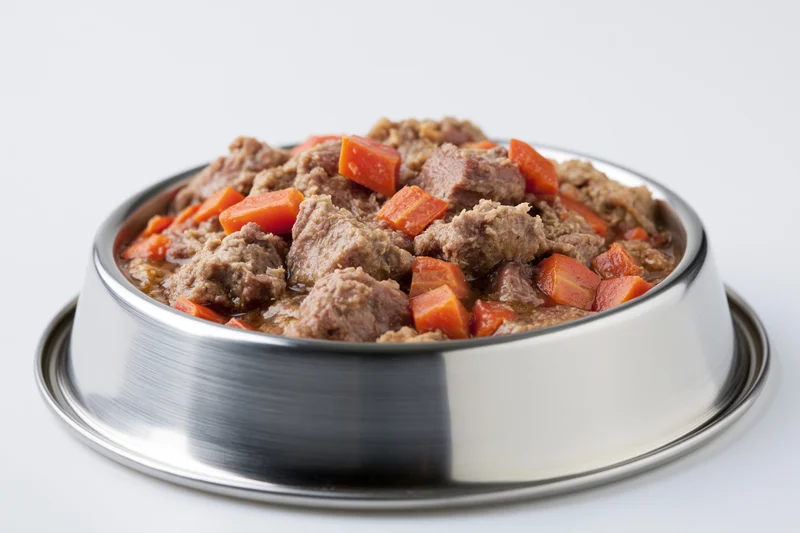 Wet pet food with chunks of meat and diced carrots in gravy served in a stainless steel bowl on a white background