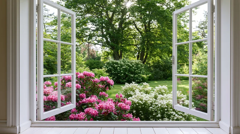 Open white double window framing a lush garden with pink rhododendrons and green trees in daylight