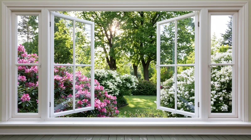 Open white window framing a lush garden with pink and white blossoms and green trees in spring sunlight