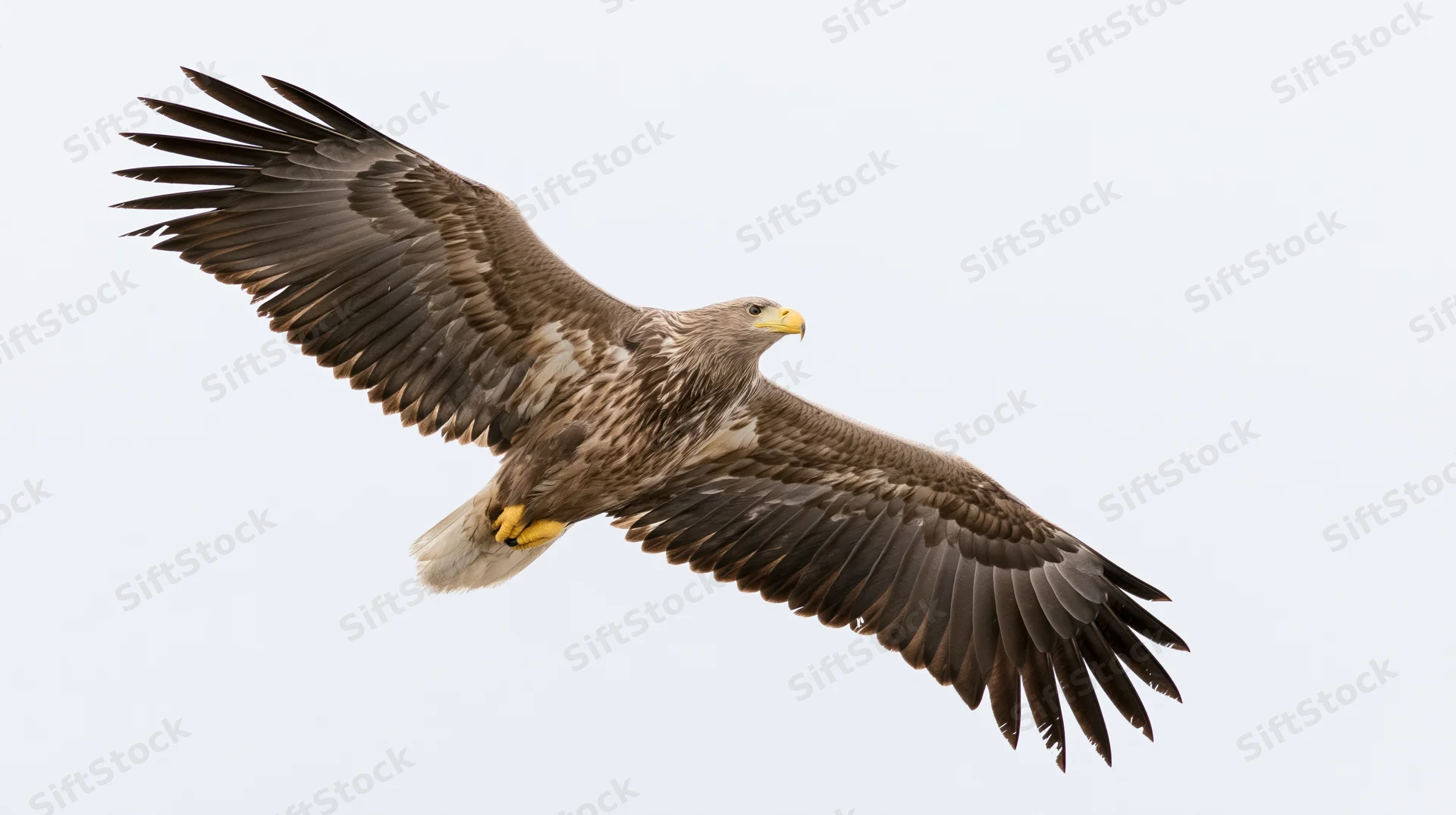 White-tailed eagle soaring with wings fully spread against a plain sky background