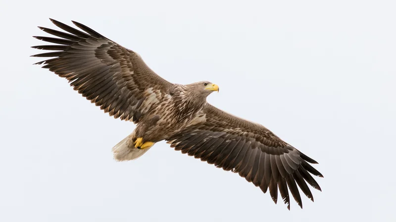White-tailed eagle soaring with wings fully spread against a plain sky background