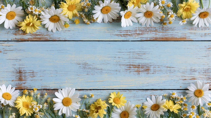 White and yellow daisies and chamomile arranged in borders along top and bottom of weathered blue wooden planks with central copyspace