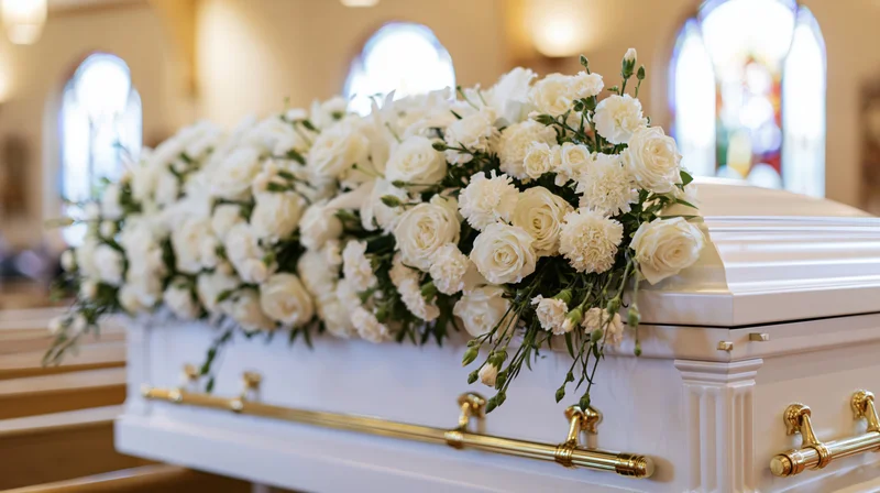 White casket adorned with white roses and carnations in a church setting