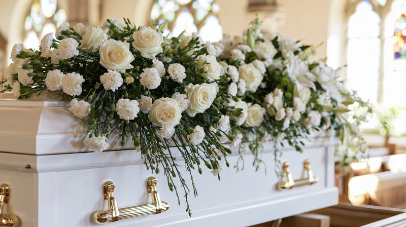White casket adorned with white roses and carnations in a church setting
