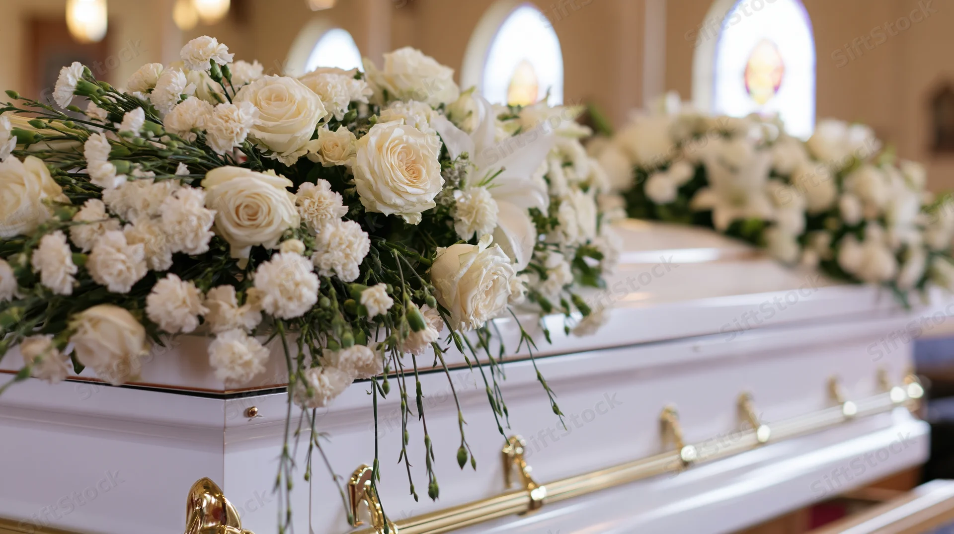 White casket adorned with white roses and carnations in a chapel setting