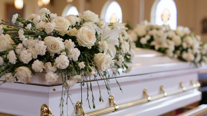 White casket adorned with white roses and carnations in a chapel setting