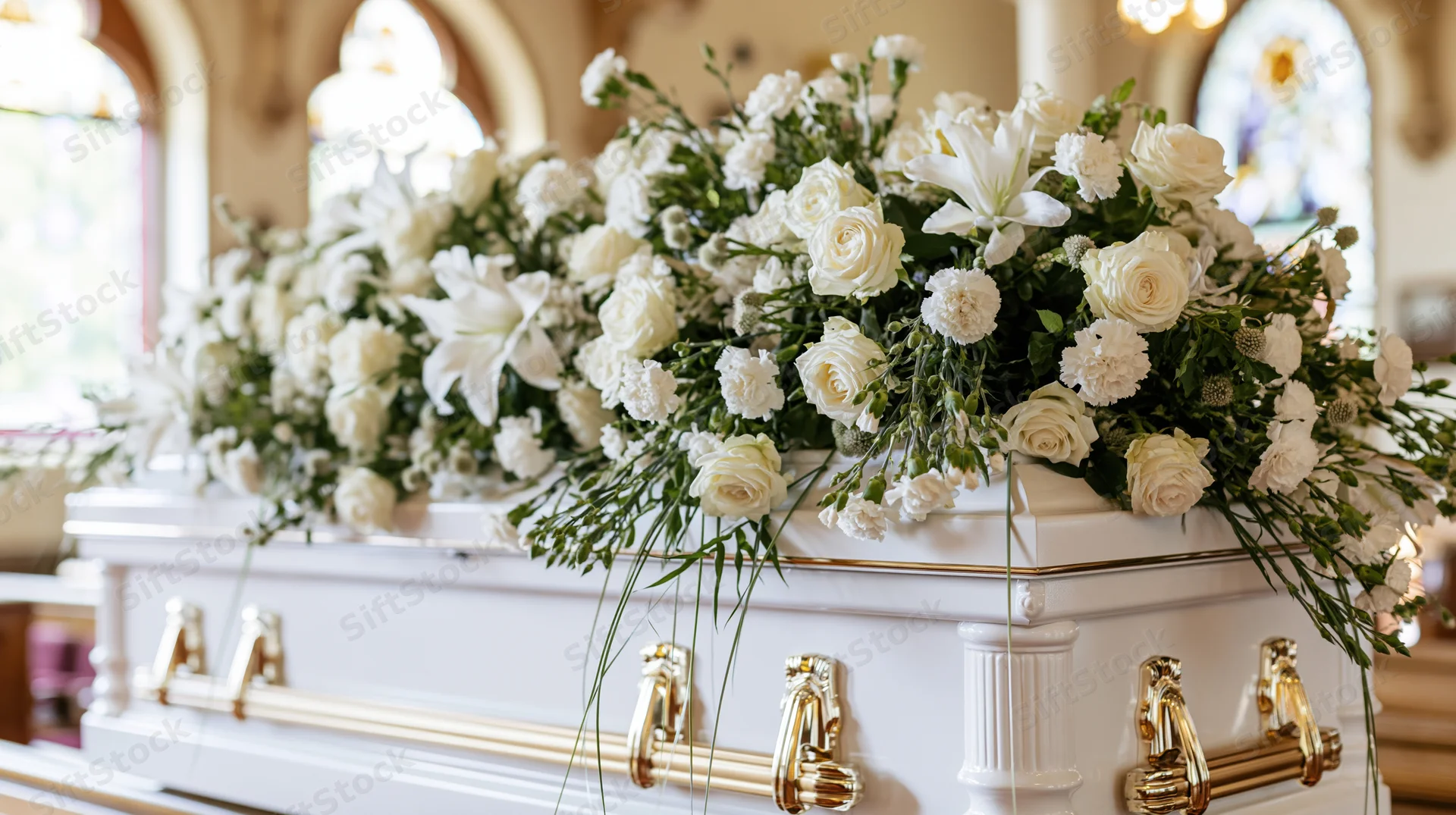 White casket adorned with white roses and lilies in a church setting