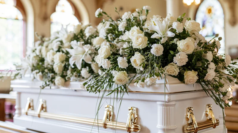 White casket adorned with white roses and lilies in a church setting