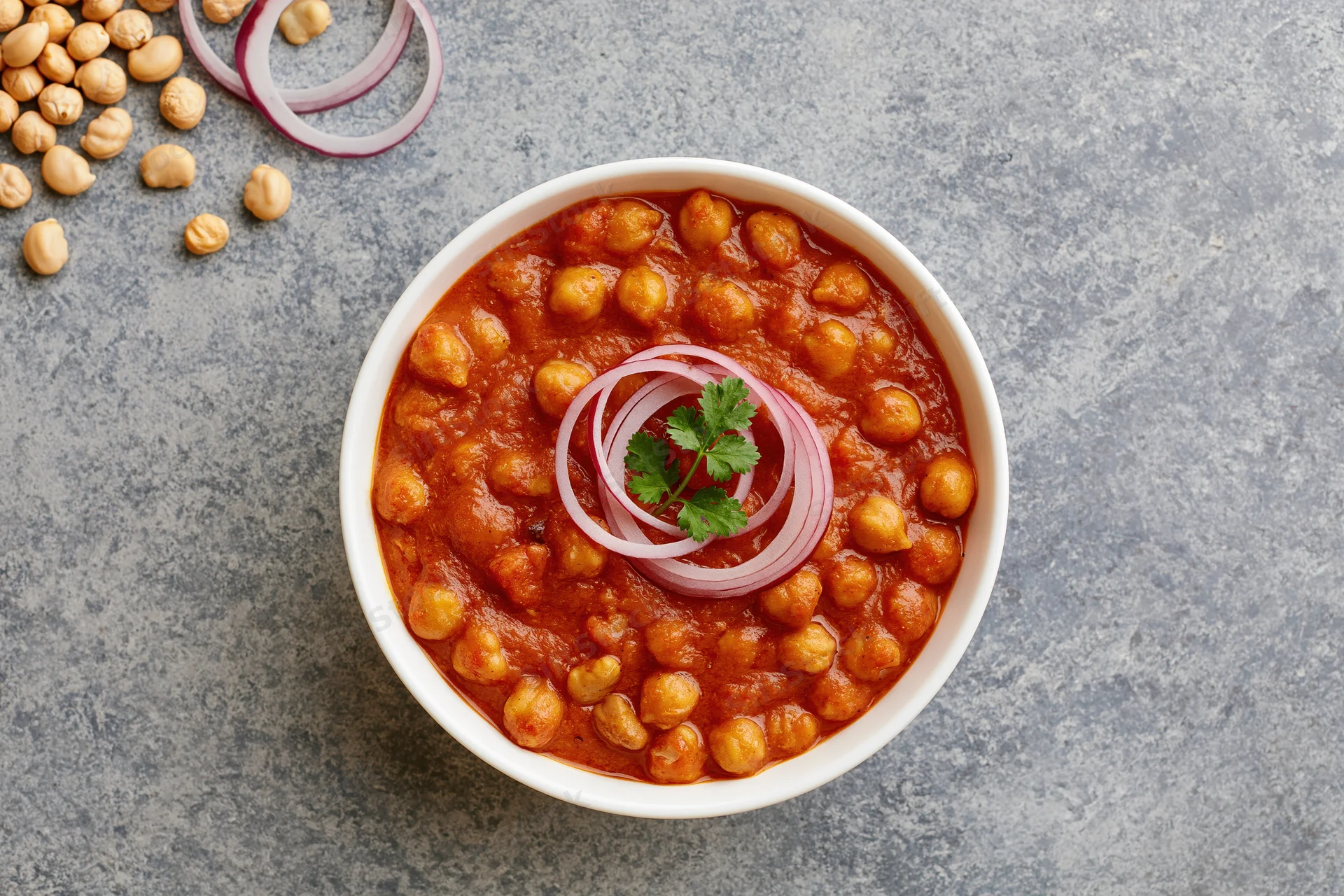 Chana masala in a white ceramic bowl garnished with red onion and cilantro on a gray stone surface