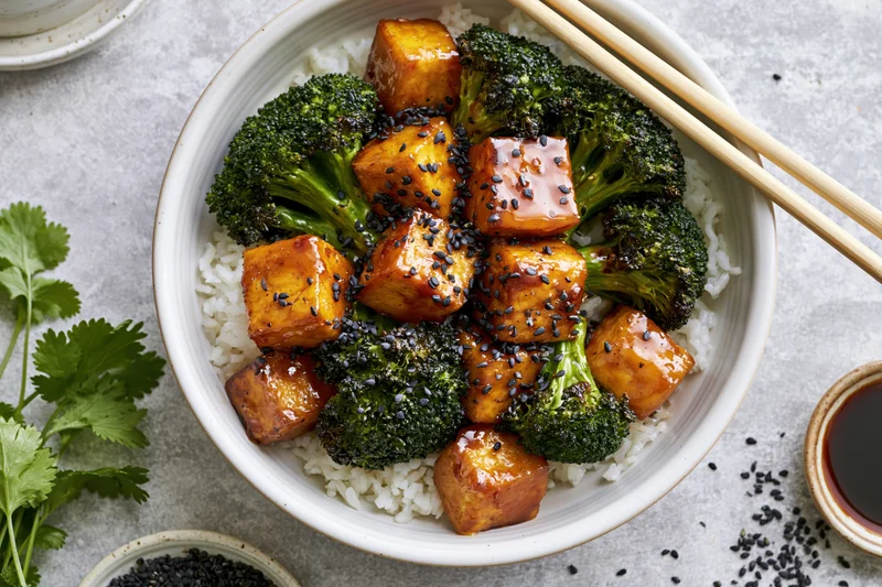 Teriyaki tofu cubes with broccoli and sesame seeds over rice in a white ceramic bowl
