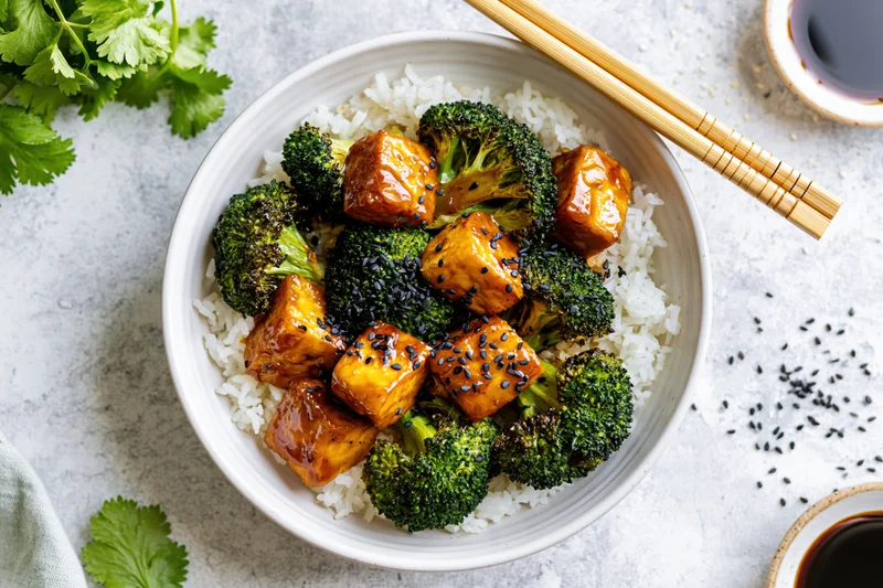 Teriyaki tofu cubes with broccoli and rice in a white ceramic bowl, garnished with sesame seeds and cilantro, chopsticks resting beside, overhead view